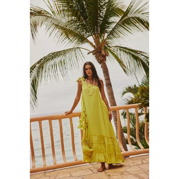 Free People Dresses & Skirts - Free People Lime Green Ruffle One-Shoulder Maxi Dress